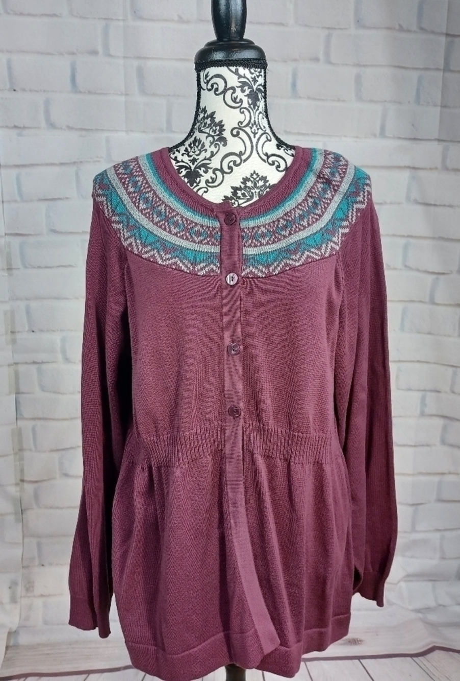 Daisy Fuentes womens button front long sleeve plus size 1x sweater geo print b30